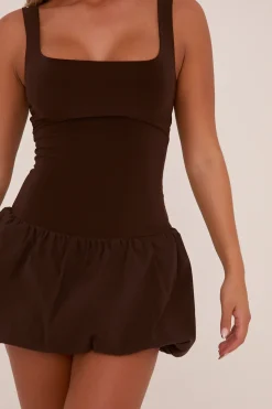 Rebellious Fashion Brown Scoop Neck Puffball Mini Dress - Alyssa