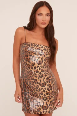 Rebellious Fashion Brown Sequin Leopard Print Mini Dress - Miliana