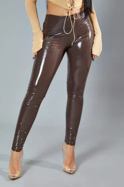 Rebellious Fashion Brown Shiny Vinyl Pu Leggings - Kalai