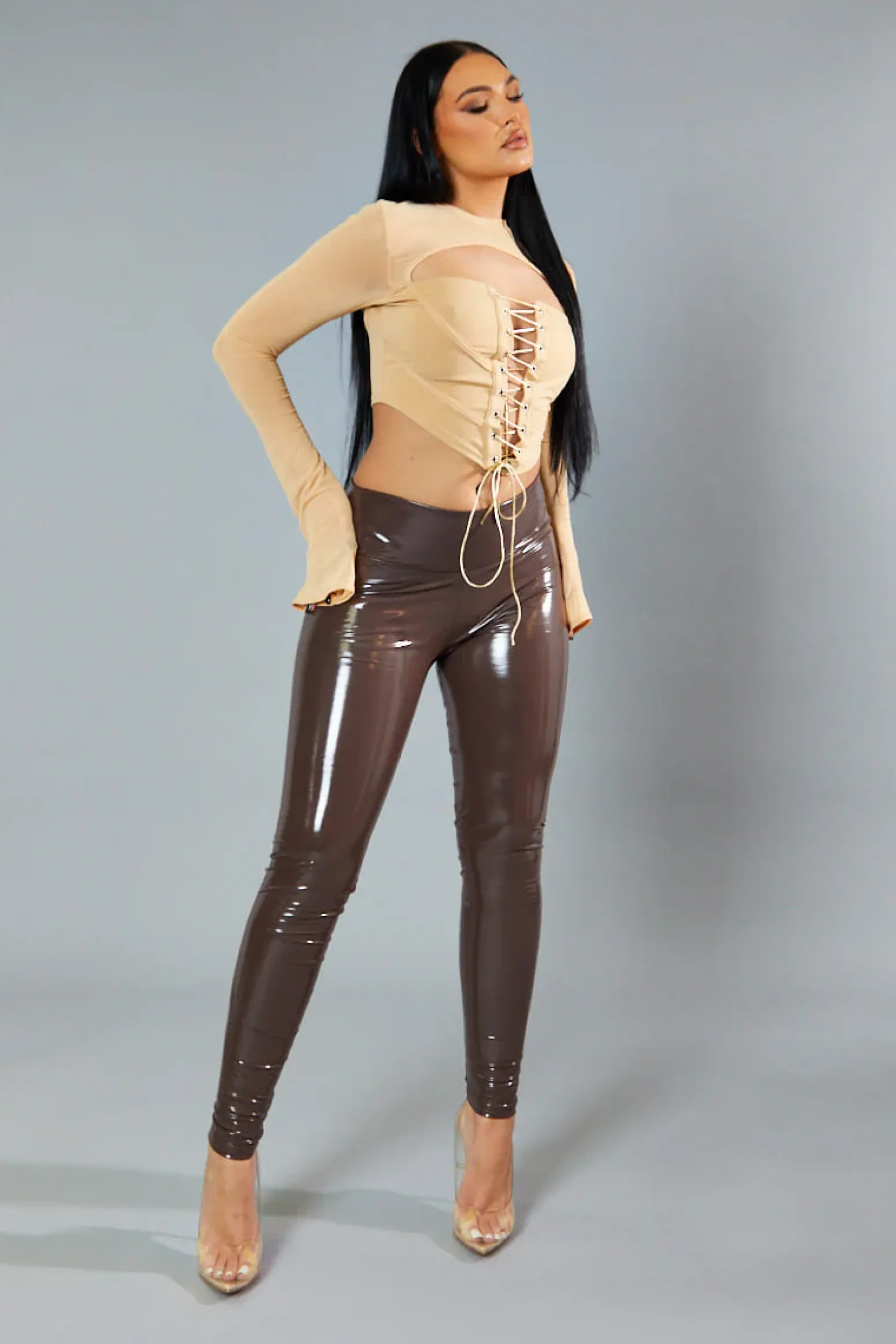 Rebellious Fashion Brown Shiny Vinyl Pu Leggings - Kalai