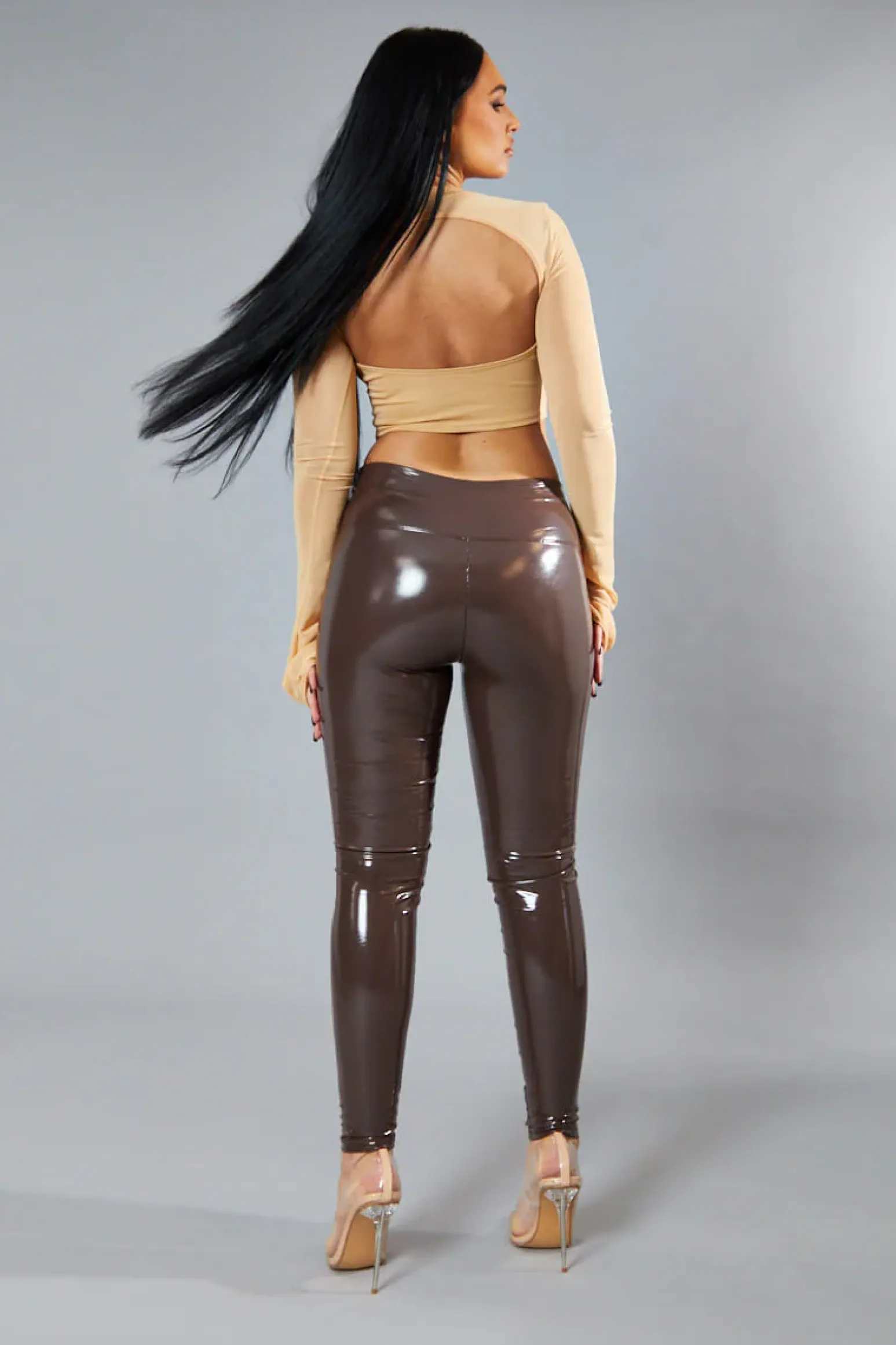 Rebellious Fashion Brown Shiny Vinyl Pu Leggings - Kalai
