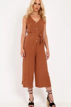 Rebellious Fashion Brown Sleeveless Button Down Culotte Jumpsuit - Kalanni