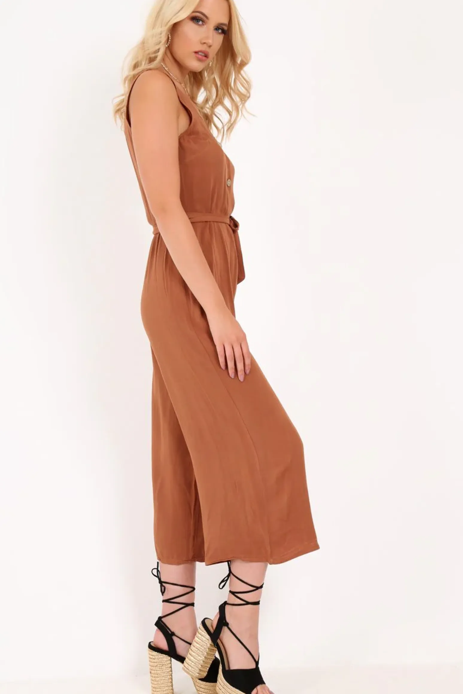 Rebellious Fashion Brown Sleeveless Button Down Culotte Jumpsuit - Kalanni