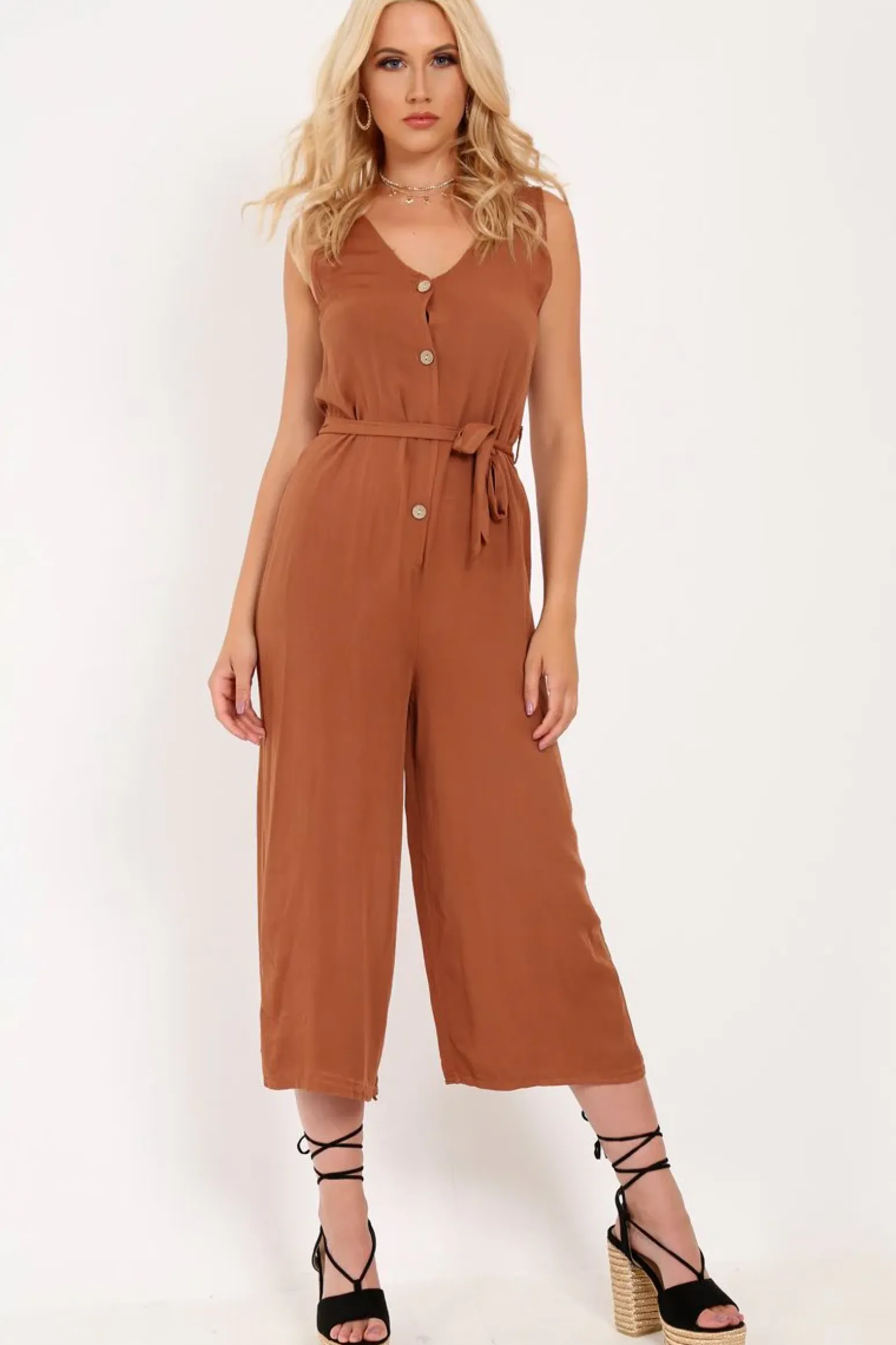 Rebellious Fashion Brown Sleeveless Button Down Culotte Jumpsuit - Kalanni