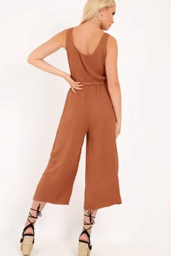 Rebellious Fashion Brown Sleeveless Button Down Culotte Jumpsuit - Kalanni