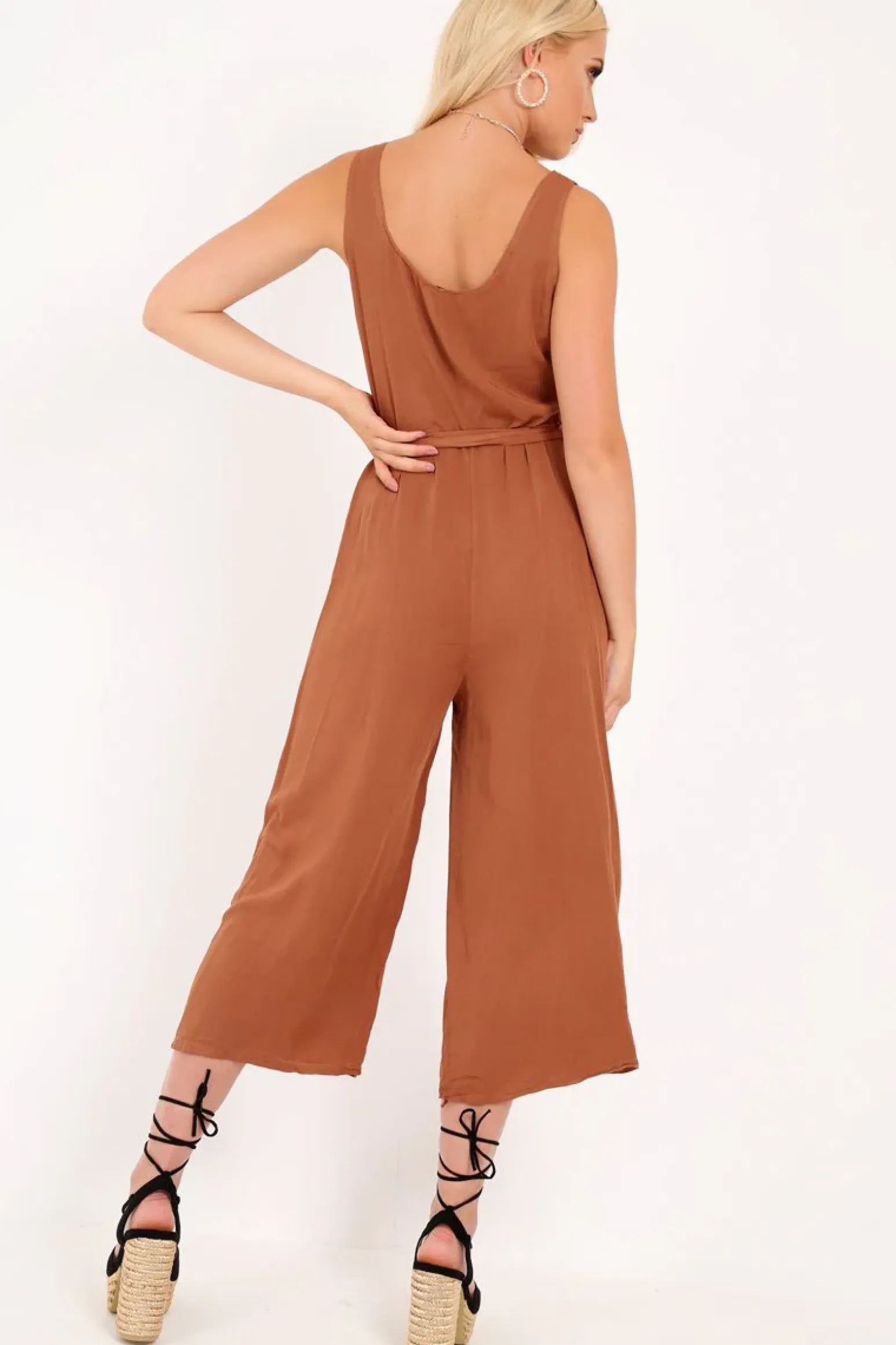 Rebellious Fashion Brown Sleeveless Button Down Culotte Jumpsuit - Kalanni