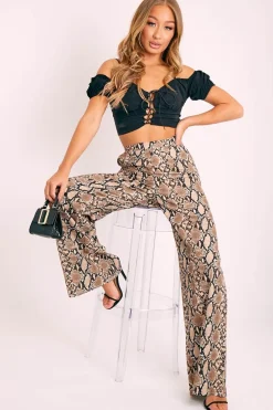Rebellious Fashion Brown Snake Crepe Wide Leg Trousers - Afifa