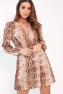 Rebellious Fashion Brown Snake Plunge Long Sleeve Mini Dress - Kanya