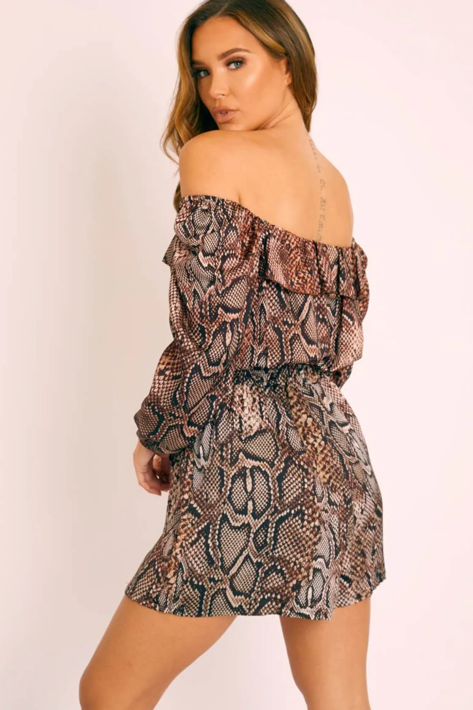 Rebellious Fashion Brown Snake Print Bardot Crop Top Belted Shorts Co-ord - Sage