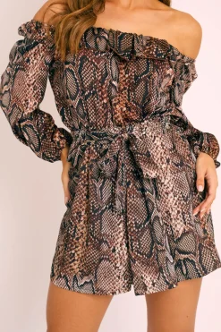 Rebellious Fashion Brown Snake Print Bardot Crop Top Belted Shorts Co-ord - Sage
