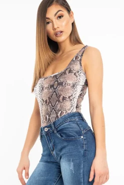 Rebellious Fashion Brown Snake Print Sleeveless Bodysuit - Payge