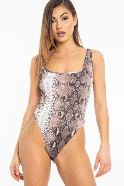 Rebellious Fashion Brown Snake Print Sleeveless Bodysuit - Payge