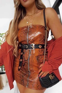 Rebellious Fashion Brown Snake Zip Front Bandeau And Skirt Co-Ord - Dyani
