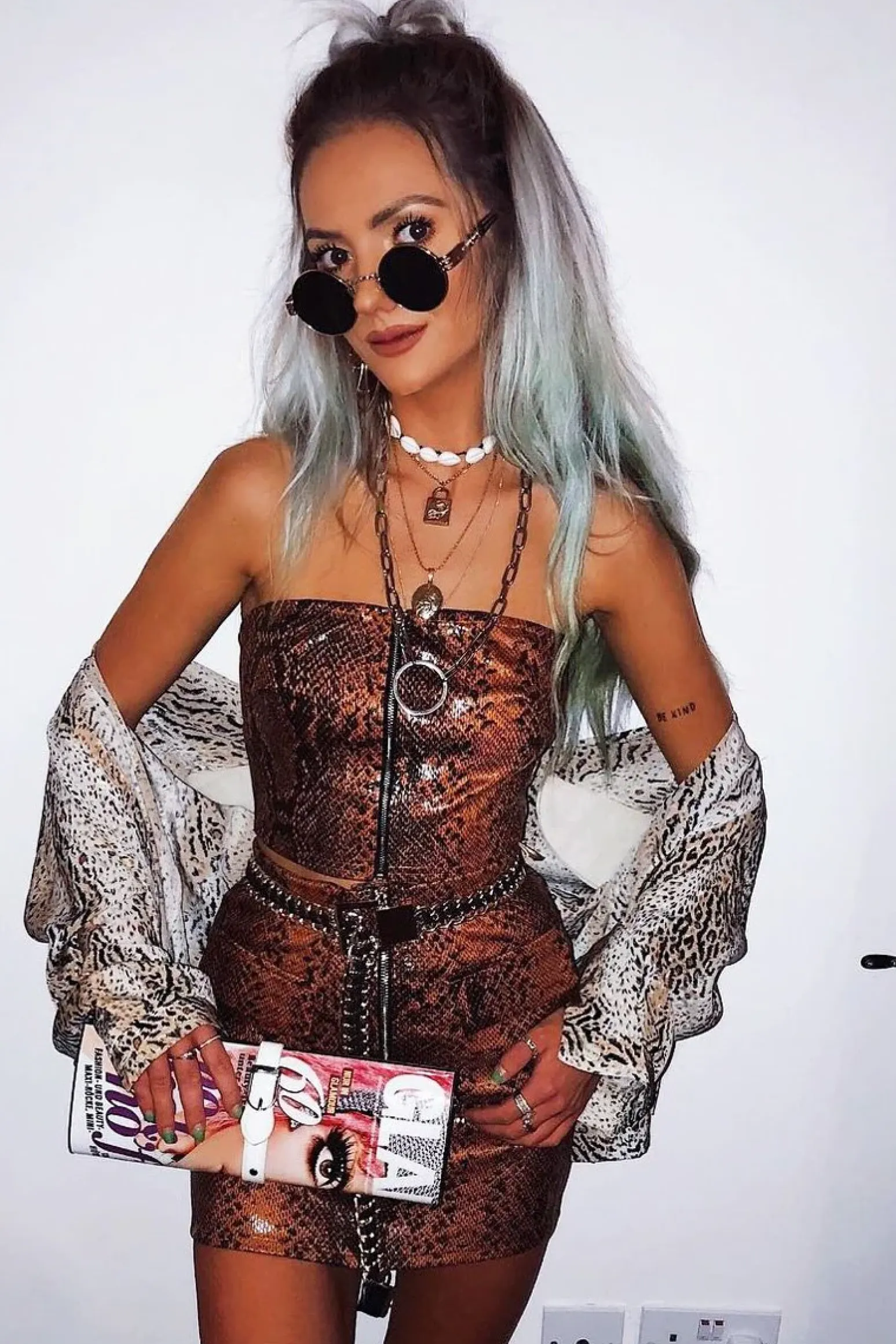 Rebellious Fashion Brown Snake Zip Front Bandeau And Skirt Co-Ord - Dyani