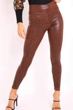 Rebellious Fashion Brown Speckled Wet Look Leggings - Beaux