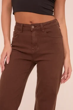 Rebellious Fashion Brown Stretch Mid Waist Straight Leg Denim Jeans - Misha