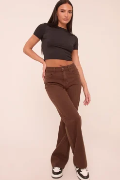 Rebellious Fashion Brown Stretch Mid Waist Straight Leg Denim Jeans - Misha