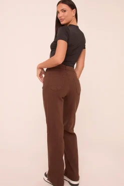Rebellious Fashion Brown Stretch Mid Waist Straight Leg Denim Jeans - Misha