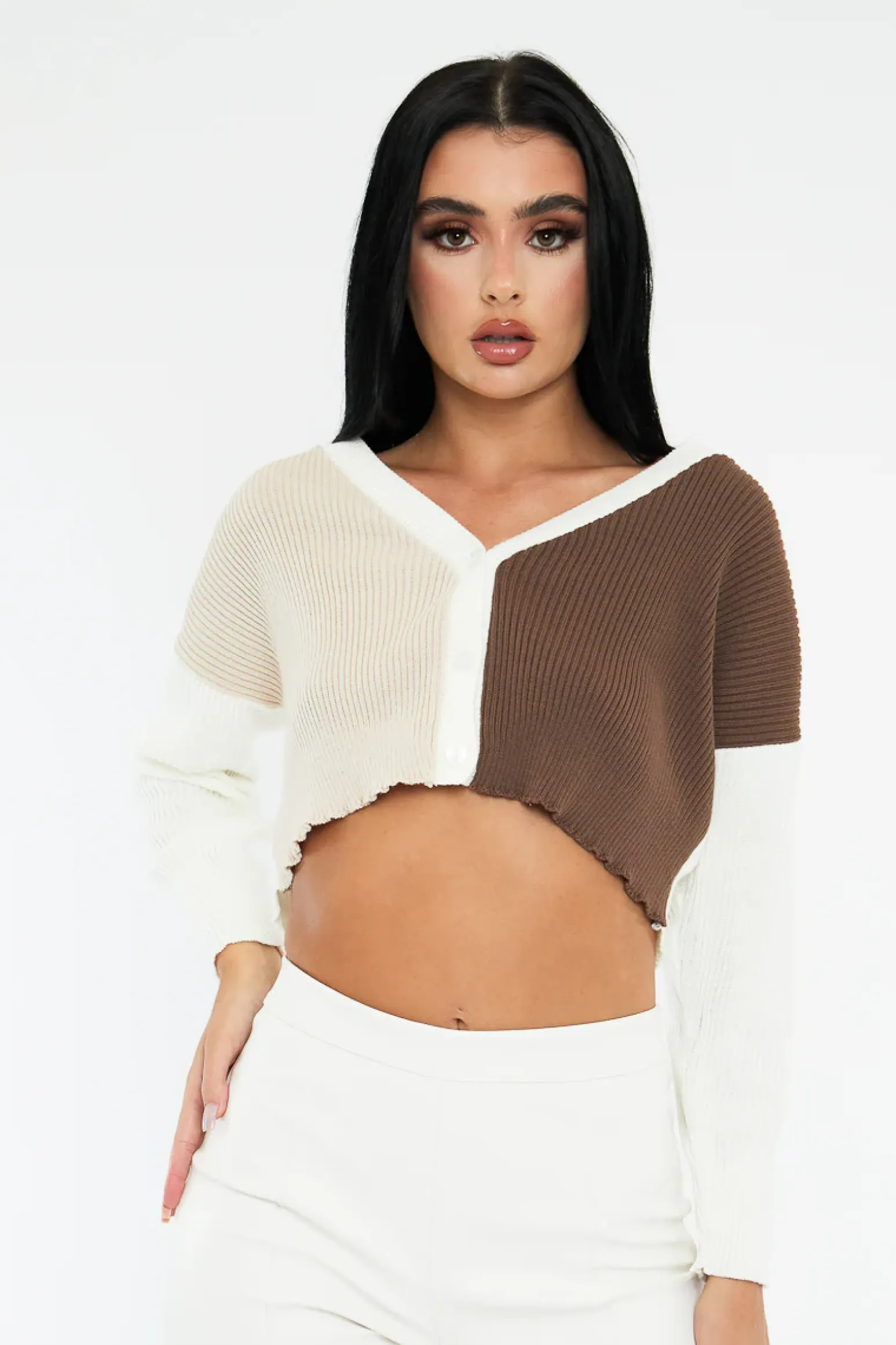 Rebellious Fashion Brown Stripe Button Front Knit Crop Top - Reimi