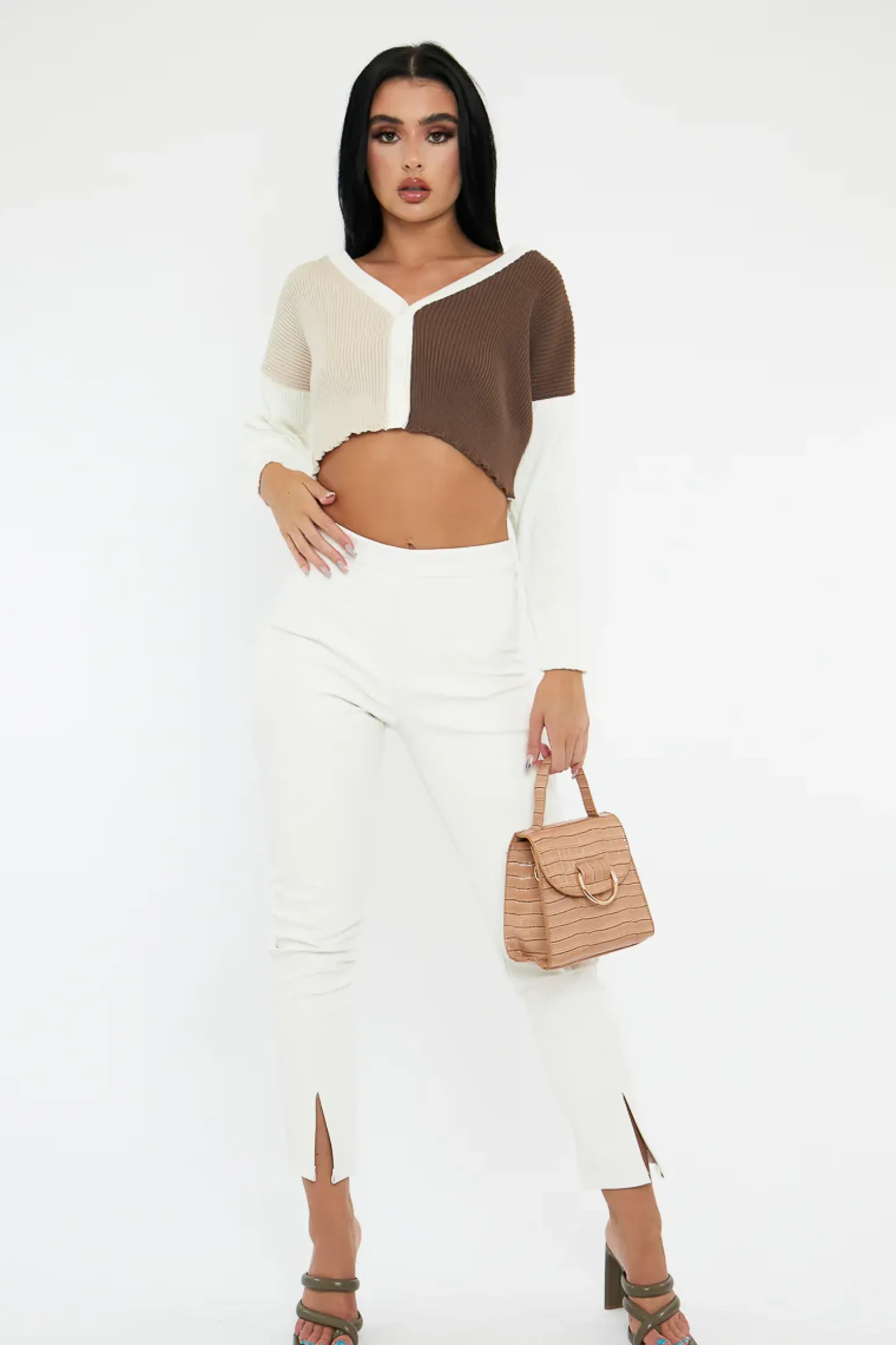 Rebellious Fashion Brown Stripe Button Front Knit Crop Top - Reimi