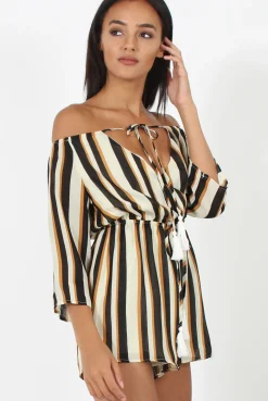 Rebellious Fashion Brown Striped Tassel Detail Playsuit - Bex