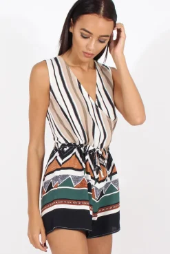 Rebellious Fashion Brown Stripe Geo Border Print Wrap Playsuit - Noelle