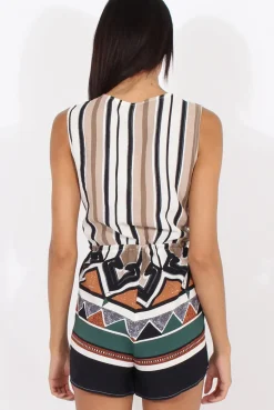 Rebellious Fashion Brown Stripe Geo Border Print Wrap Playsuit - Noelle