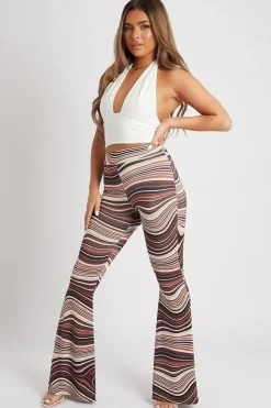 Rebellious Fashion Brown Stripe Print Ruched Bum Flared Trousers - Katharina