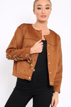Rebellious Fashion Brown Suedette Lace Back Jacket - Karey