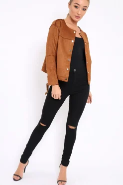 Rebellious Fashion Brown Suedette Lace Back Jacket - Karey