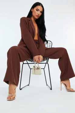 Rebellious Fashion Brown Tailored Blazer & Wide Leg Trouser Set - Casidi