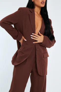 Rebellious Fashion Brown Tailored Blazer & Wide Leg Trouser Set - Casidi