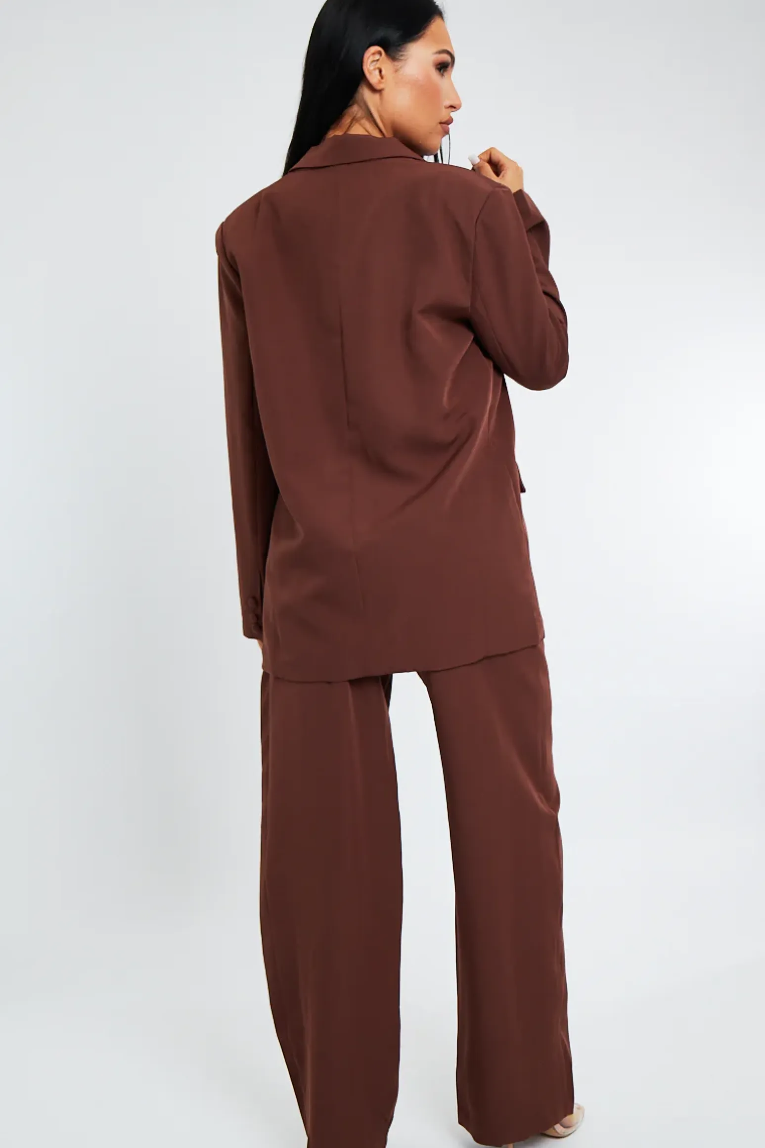Rebellious Fashion Brown Tailored Blazer & Wide Leg Trouser Set - Casidi
