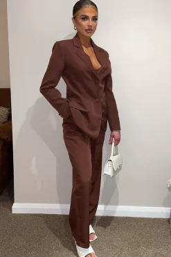Rebellious Fashion Brown Tailored Blazer & Wide Leg Trouser Set - Casidi