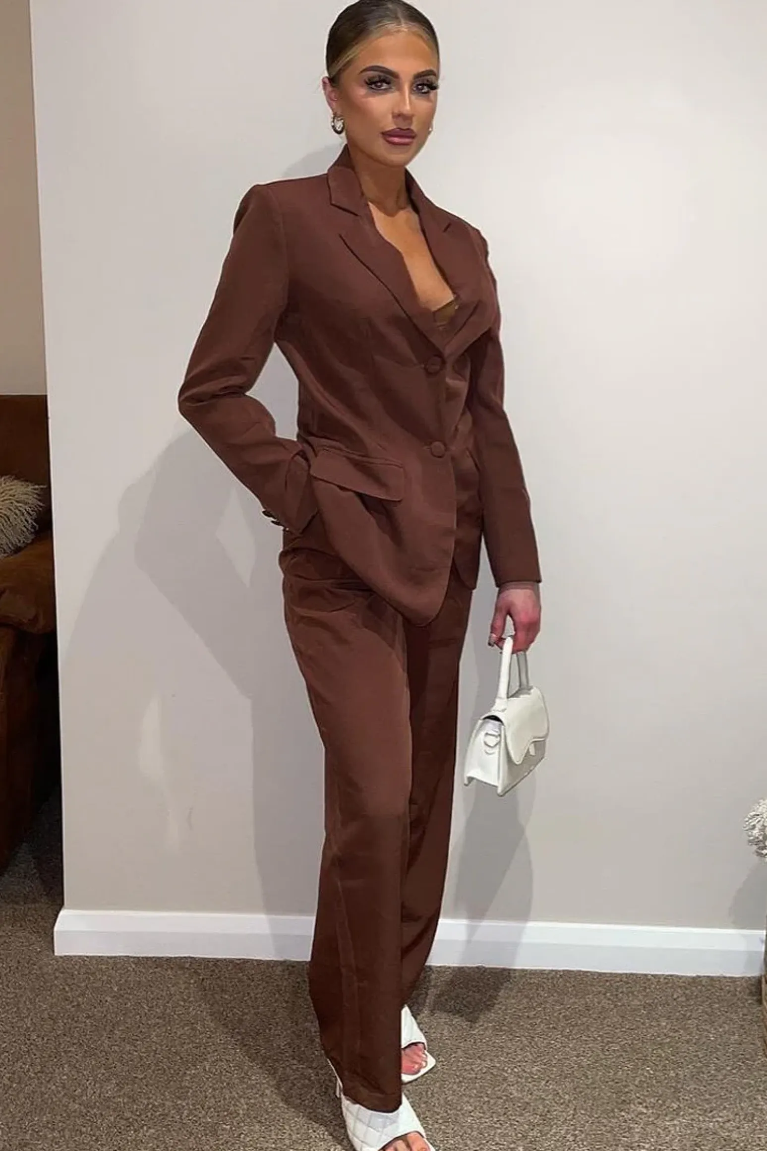 Rebellious Fashion Brown Tailored Blazer & Wide Leg Trouser Set - Casidi