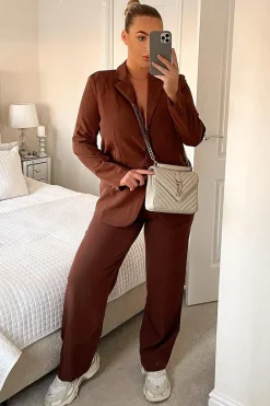 Rebellious Fashion Brown Tailored Blazer & Wide Leg Trouser Set - Casidi