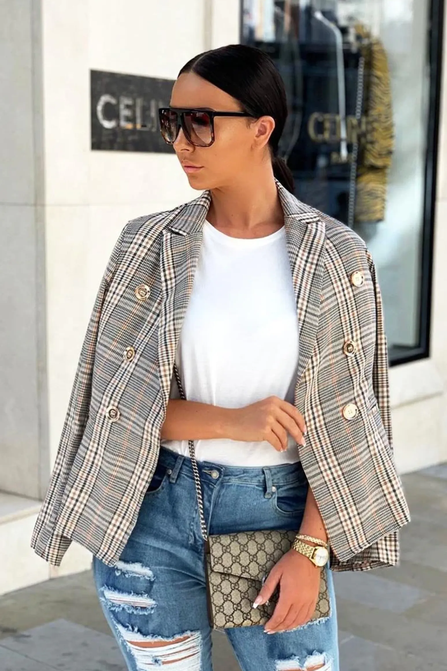 Rebellious Fashion Brown Tartan Check Double Breasted Blazer - Vanda