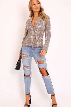 Rebellious Fashion Brown Tartan Check Double Breasted Blazer - Vanda