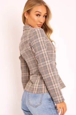 Rebellious Fashion Brown Tartan Check Double Breasted Blazer - Vanda