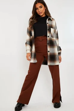 Rebellious Fashion Brown Textured Check Oversized Shacket - Saphia