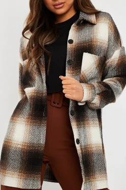 Rebellious Fashion Brown Textured Check Oversized Shacket - Saphia