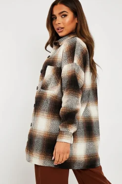 Rebellious Fashion Brown Textured Check Oversized Shacket - Saphia