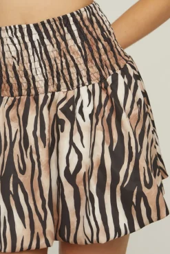 Rebellious Fashion Brown Tiger Print Puffball Shirring Detail Mini Skirt - Tory