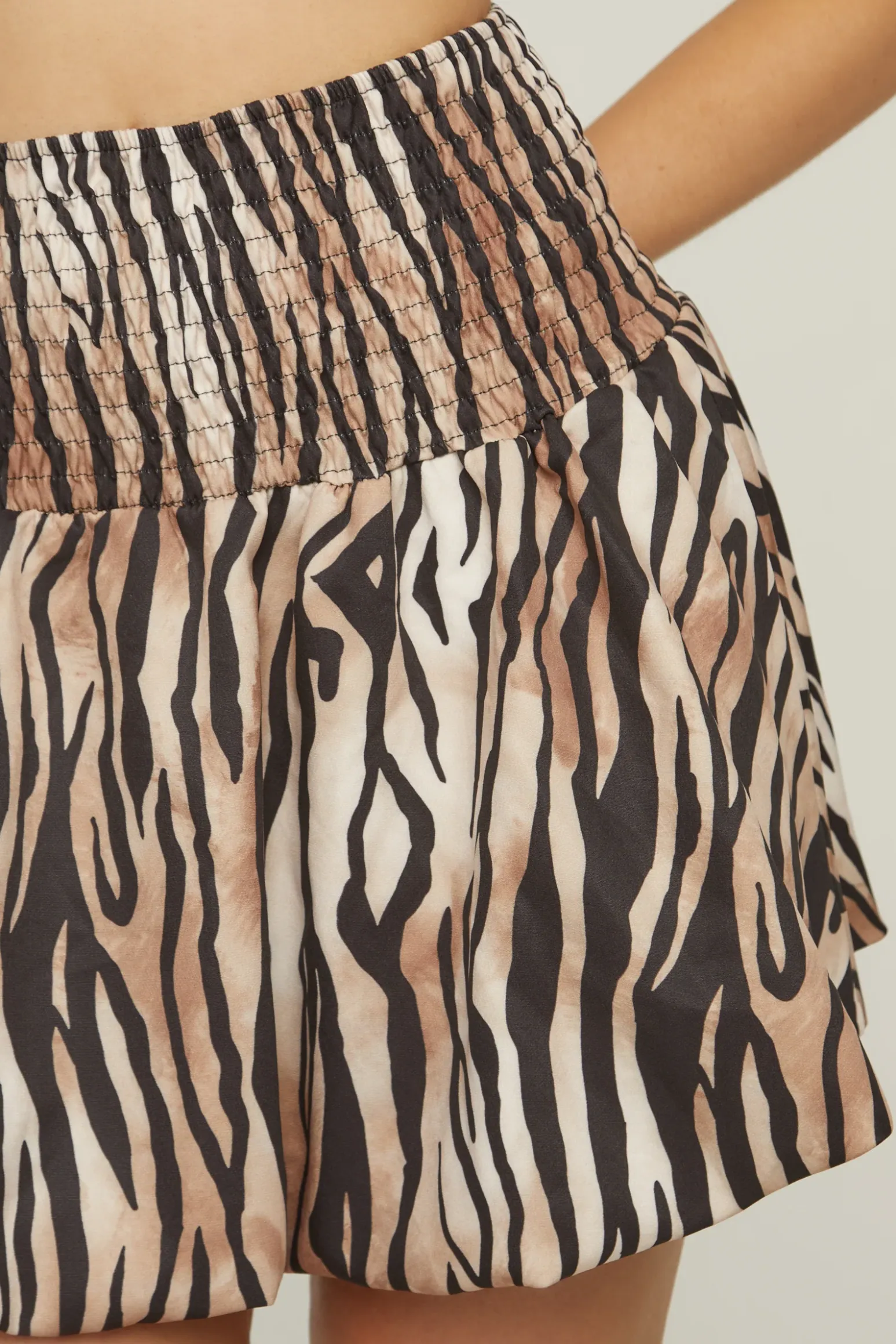 Rebellious Fashion Brown Tiger Print Puffball Shirring Detail Mini Skirt - Tory