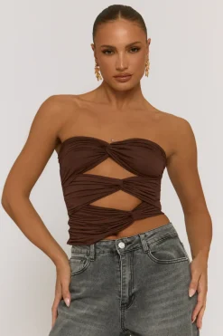 Rebellious Fashion Brown Twist Cut Out Bandeau Crop Top - Porto