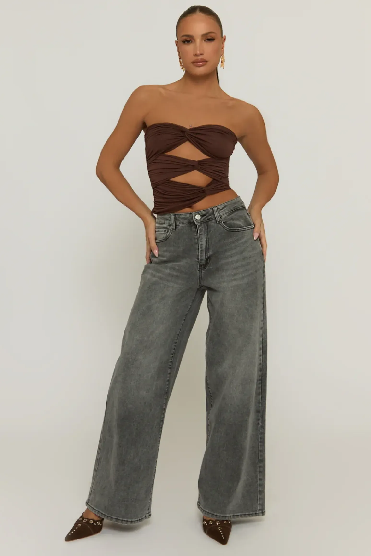 Rebellious Fashion Brown Twist Cut Out Bandeau Crop Top - Porto