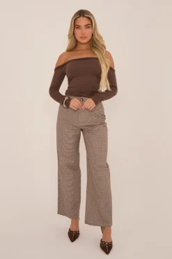 Rebellious Fashion Brown Twist Detail Bardot Fitted Top - Deja