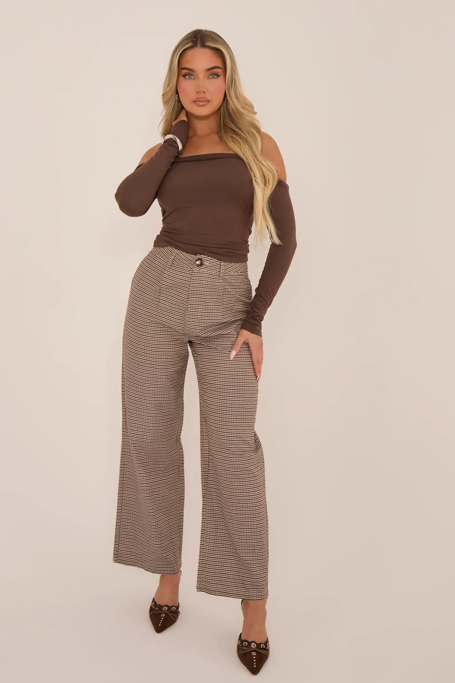 Rebellious Fashion Brown Twist Detail Bardot Fitted Top - Deja