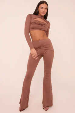 Rebellious Fashion Brown Twist Detail Long Sleeves Crop Top & Kick Flare Trousers Co-ord Set - Holly