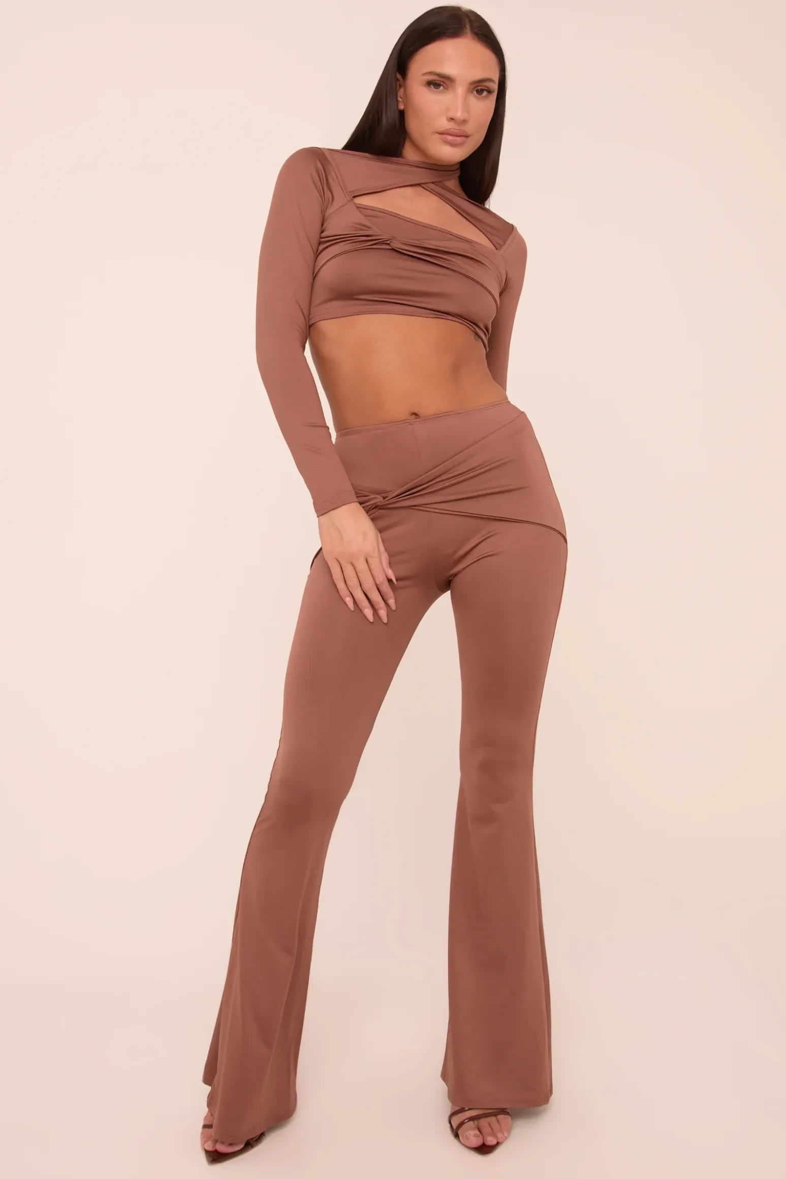 Rebellious Fashion Brown Twist Detail Long Sleeves Crop Top & Kick Flare Trousers Co-ord Set - Holly